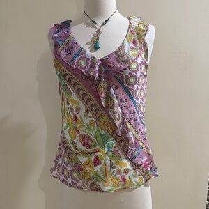 American Vintage Floral Paisley Ruffle Sleeveless Camisole in Lavender & Yellow